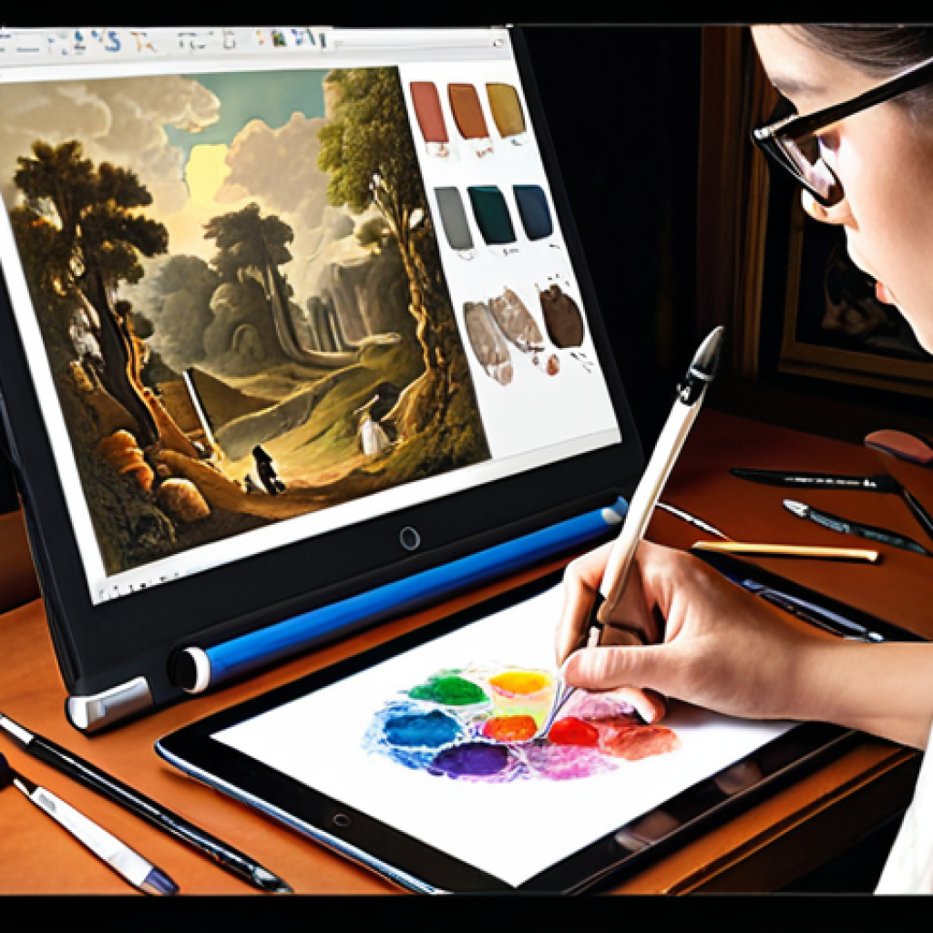 **Fusion of Tradition and Innovation in Digital Art**: Create an image that illustrates the blending of traditional painting techniques with modern digital tools. Show an artist using a digital pen on a tablet, surrounded by classic art supplies like paintbrushes and canvases, symbolizing the connection between the old and the new.