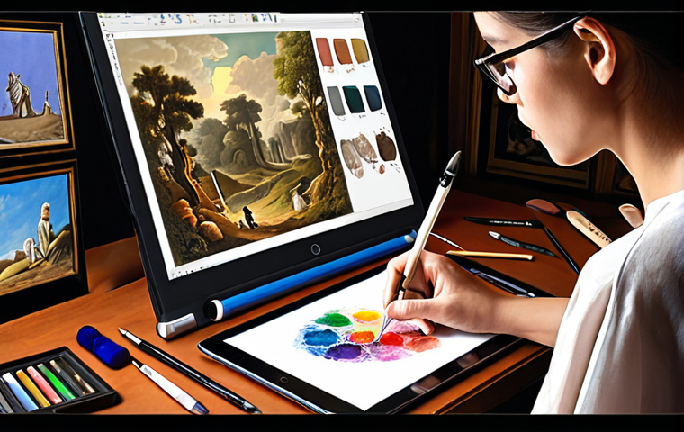 **Fusion of Tradition and Innovation in Digital Art**: Create an image that illustrates the blending of traditional painting techniques with modern digital tools. Show an artist using a digital pen on a tablet, surrounded by classic art supplies like paintbrushes and canvases, symbolizing the connection between the old and the new.